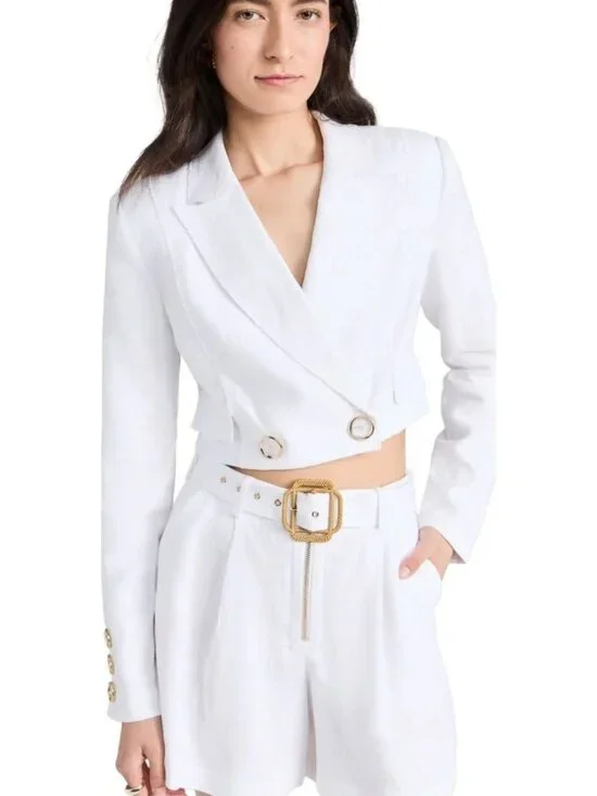 Ramy Brook Emmeline Jacket White Cropped Blazer Gold Buttons Linen Blend Sz 14 - Picture 3 of 13